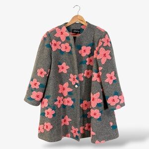 Vintage Wool Swing Coat Gray Pink Floral Print Size L 70s Retro Japanese Style